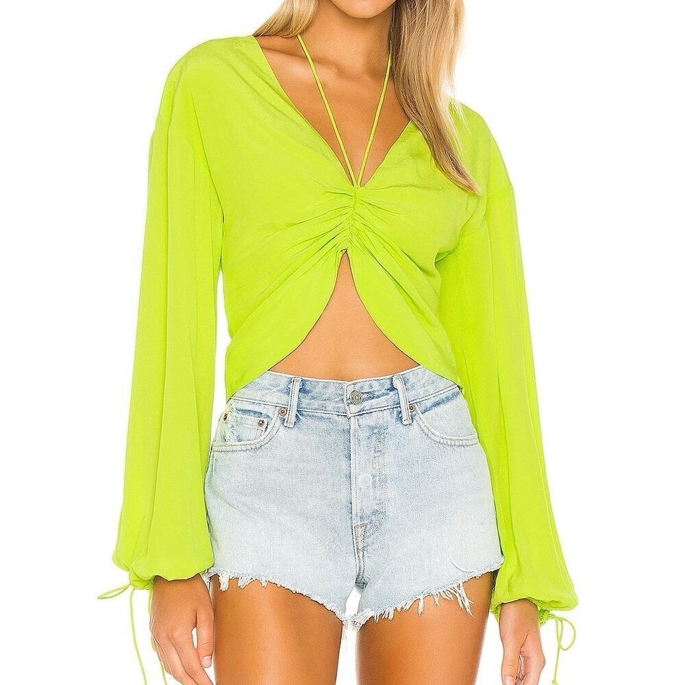 LOVERS + FRIENDS Revolve Corey Top Neon Lime Green Ruched Tie Crop - Sz Small